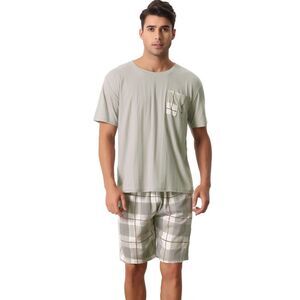 Men's Sleepwear Short Sleeve T-Shirt with Shorts Plaid Pajama Sets Gray